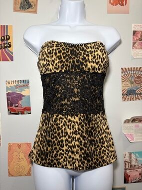 love J Leopard Print Strapless Camisole with Black Lace Waist